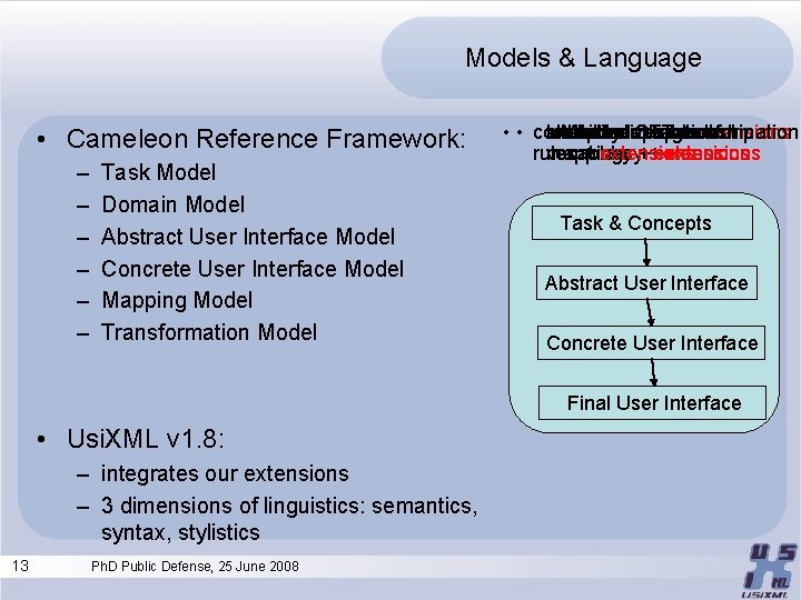 Models & Language • Cameleon Reference Framework: – – – Task Model Domain Model