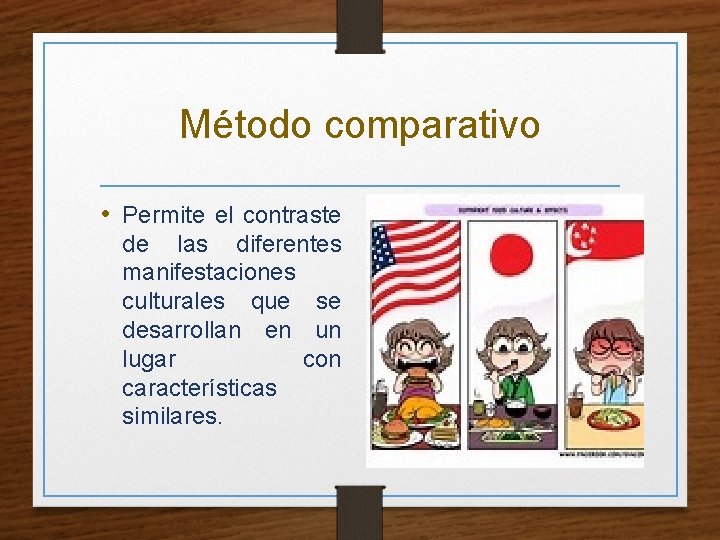 Método comparativo • Permite el contraste de las diferentes manifestaciones culturales que se desarrollan