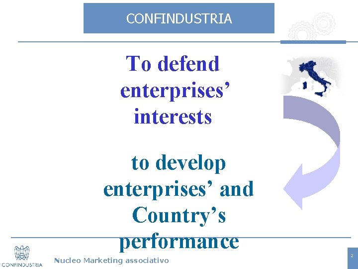 CONFINDUSTRIA To defend enterprises’ interests to develop enterprises’ and Country’s performance Nucleo Marketing associativo