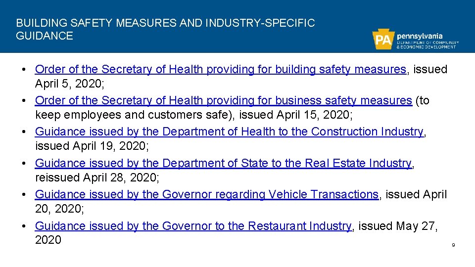 BUILDING SAFETY MEASURES AND INDUSTRY-SPECIFIC GUIDANCE • Order of the Secretary of Health providing