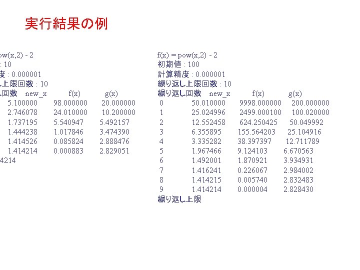 実行結果の例 ow(x, 2) - 2 : 10 度 : 0. 000001 し上限回数 : 10