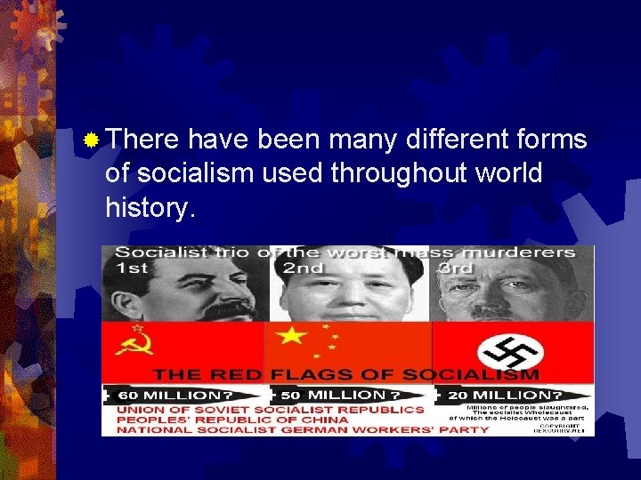 ® There have been many different forms of socialism used throughout world history. 