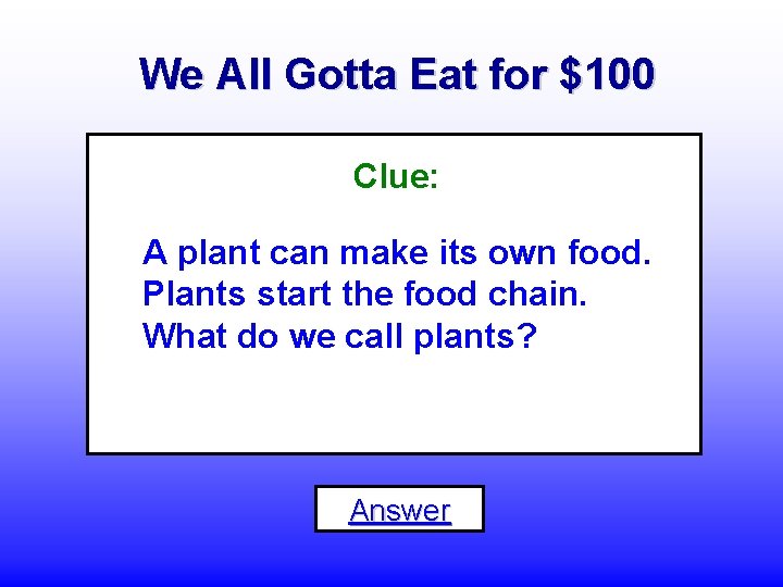 We All Gotta Eat for $100 Clue: A plant can make its own food.