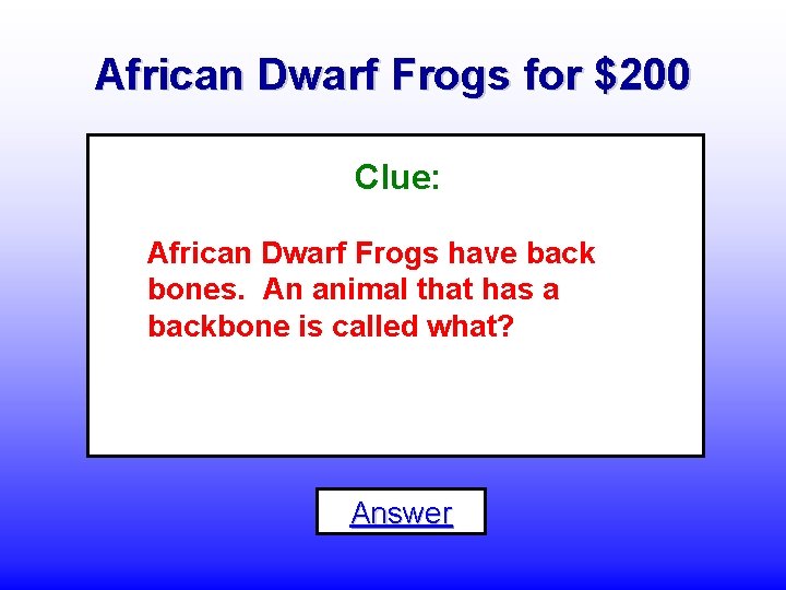 African Dwarf Frogs for $200 Clue: African Dwarf Frogs have back bones. An animal
