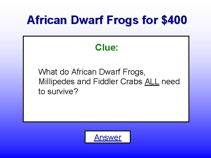African Dwarf Frogs for $400 Clue: What do African Dwarf Frogs, Millipedes and Fiddler