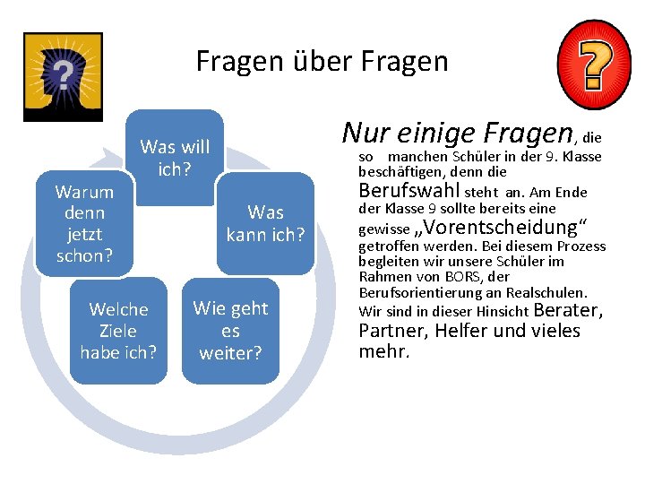 Fragen über Fragen Warum denn jetzt schon? Nur einige Fragen, die Was will ich?