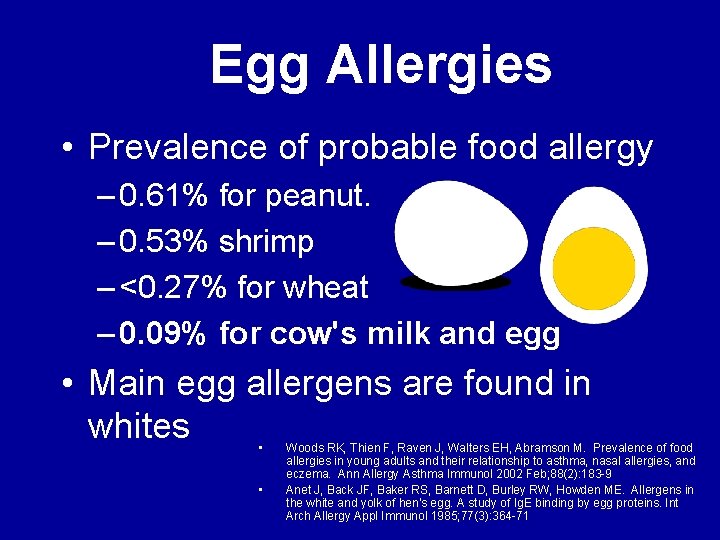 Egg Allergies • Prevalence of probable food allergy – 0. 61% for peanut. –