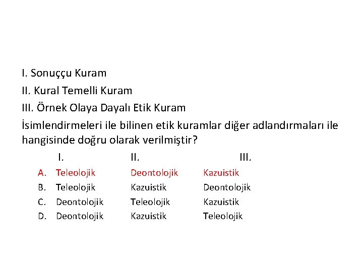 I. Sonuççu Kuram II. Kural Temelli Kuram III. Örnek Olaya Dayalı Etik Kuram İsimlendirmeleri