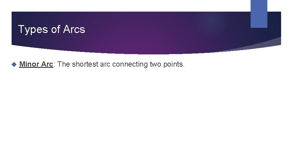 Types of Arcs Minor Arc: The shortest arc connecting two points. 
