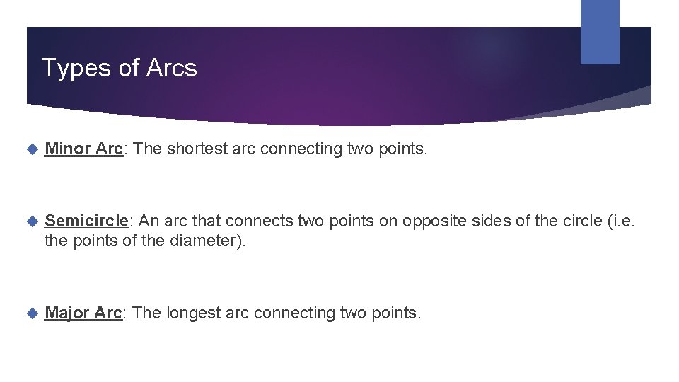 Types of Arcs Minor Arc: The shortest arc connecting two points. Semicircle: An arc