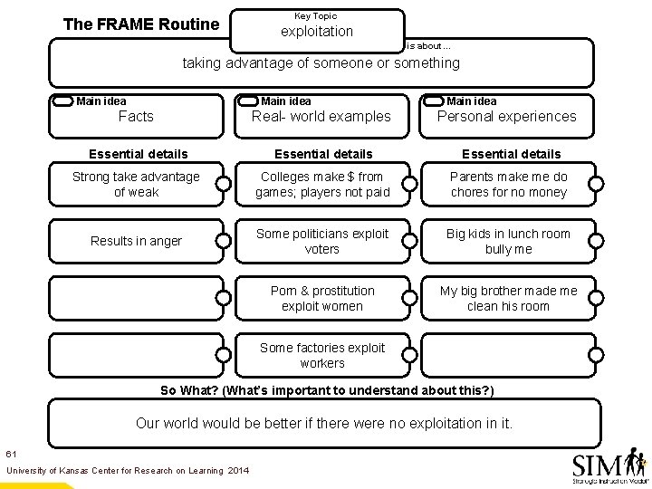 The FRAME Routine Key Topic exploitation is about… taking advantage of someone or something
