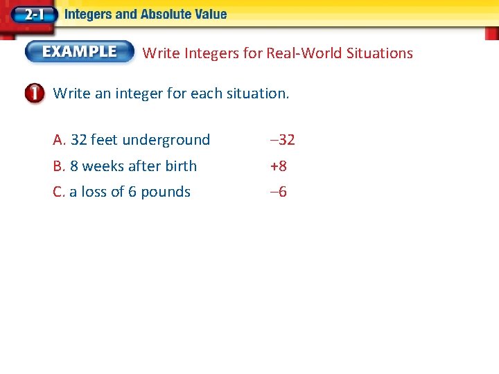 Write Integers for Real-World Situations Write an integer for each situation. A. 32 feet