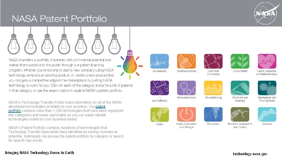 NASA's Technology Transfer Portal hosts information on all of the NASAdeveloped technologies available to