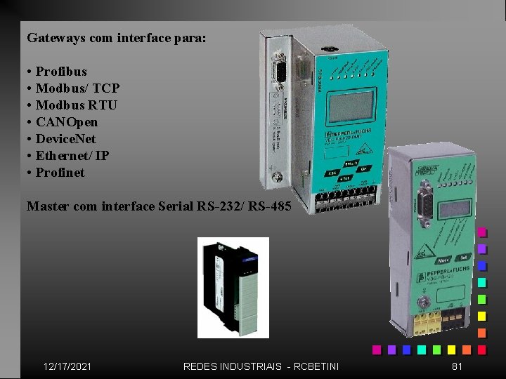 Gateways com interface para: • Profibus • Modbus/ TCP • Modbus RTU • CANOpen