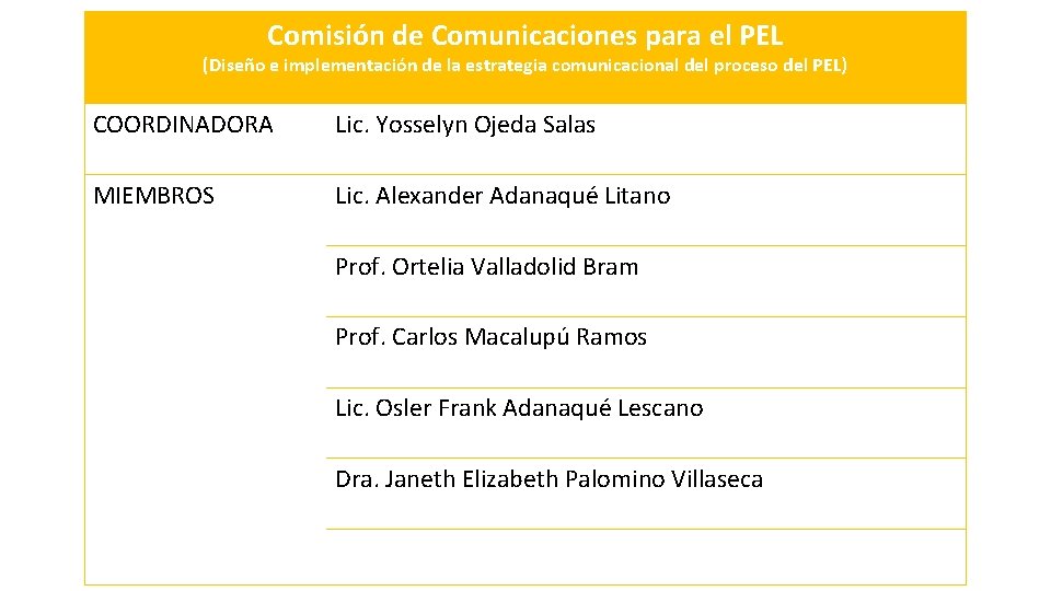 Comisión de Comunicaciones para el PEL (Diseño e implementación de la estrategia comunicacional del