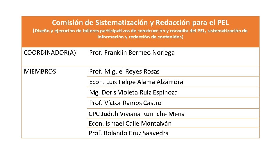 Comisión de Sistematización y Redacción para el PEL (Diseño y ejecución de talleres participativos