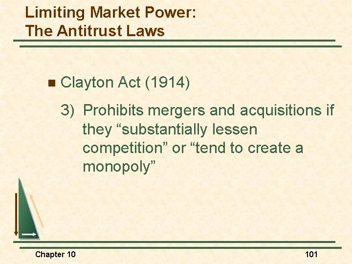 Limiting Market Power: The Antitrust Laws n Clayton Act (1914) 3) Prohibits mergers and