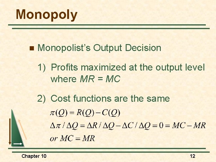 Monopoly n Monopolist’s Output Decision 1) Profits maximized at the output level where MR