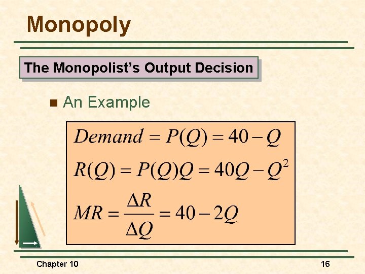 Monopoly The Monopolist’s Output Decision n An Example Chapter 10 16 