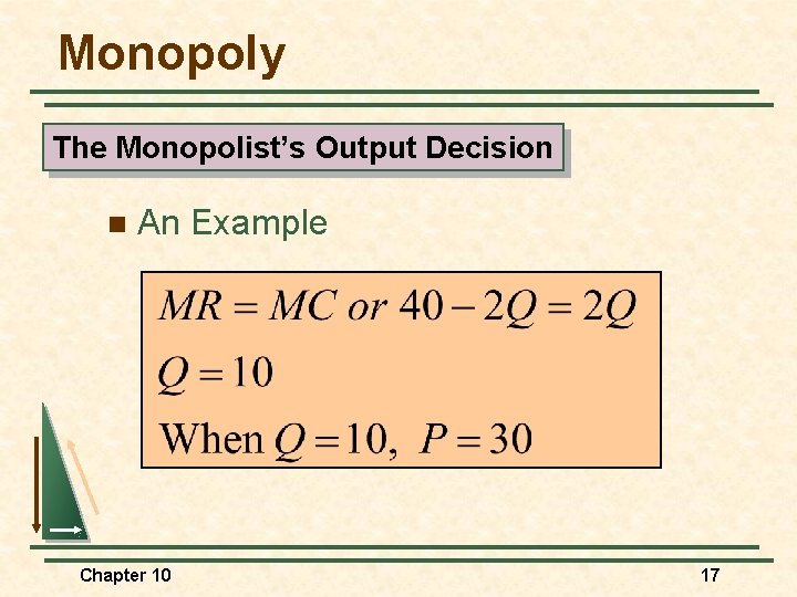 Monopoly The Monopolist’s Output Decision n An Example Chapter 10 17 