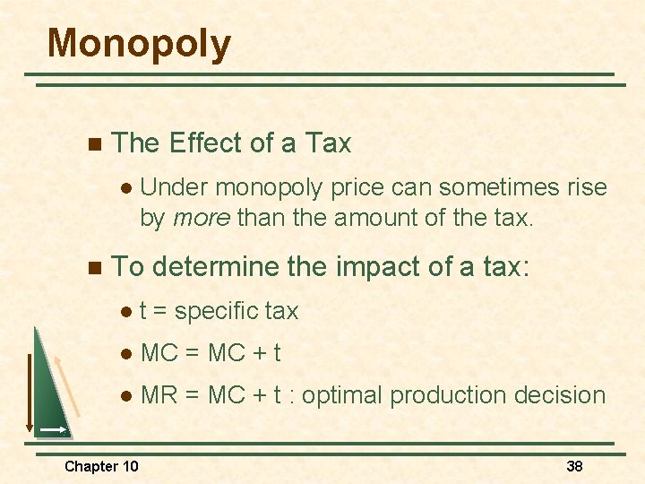 Monopoly n The Effect of a Tax l n Under monopoly price can sometimes