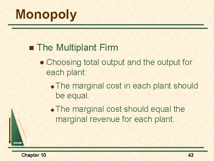 Monopoly n The Multiplant Firm l Choosing total output and the output for each Monopoly n The Multiplant Firm l Choosing total output and the output for each