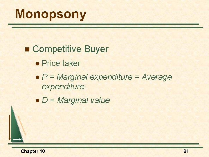 Monopsony n Competitive Buyer l Price taker l P = Marginal expenditure = Average