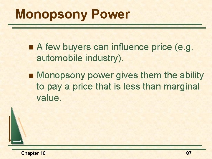 Monopsony Power n A few buyers can influence price (e. g. automobile industry). n