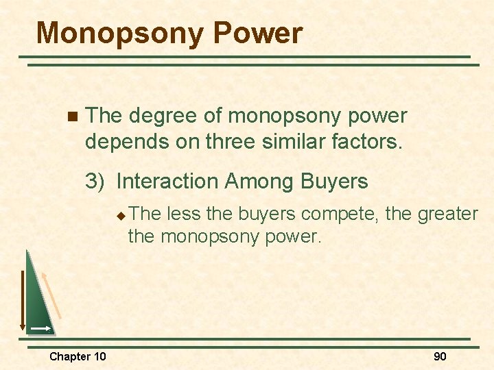 Monopsony Power n The degree of monopsony power depends on three similar factors. 3)