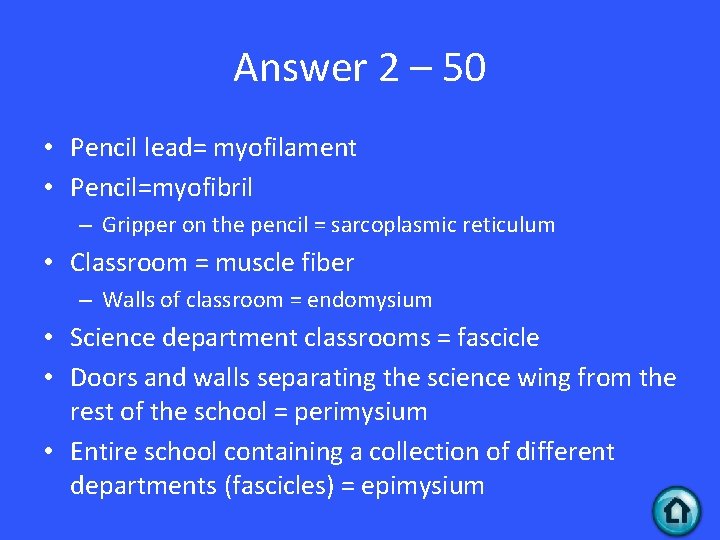 Answer 2 – 50 • Pencil lead= myofilament • Pencil=myofibril – Gripper on the