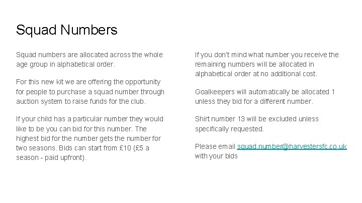 Squad Numbers Squad numbers are allocated across the whole age group in alphabetical order.