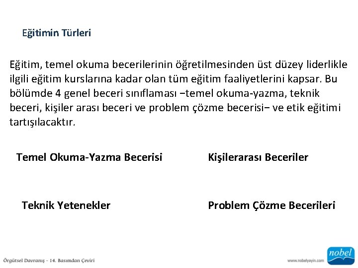 Eğitimin Türleri Eğitim, temel okuma becerilerinin öğretilmesinden üst düzey liderlikle ilgili eğitim kurslarına kadar