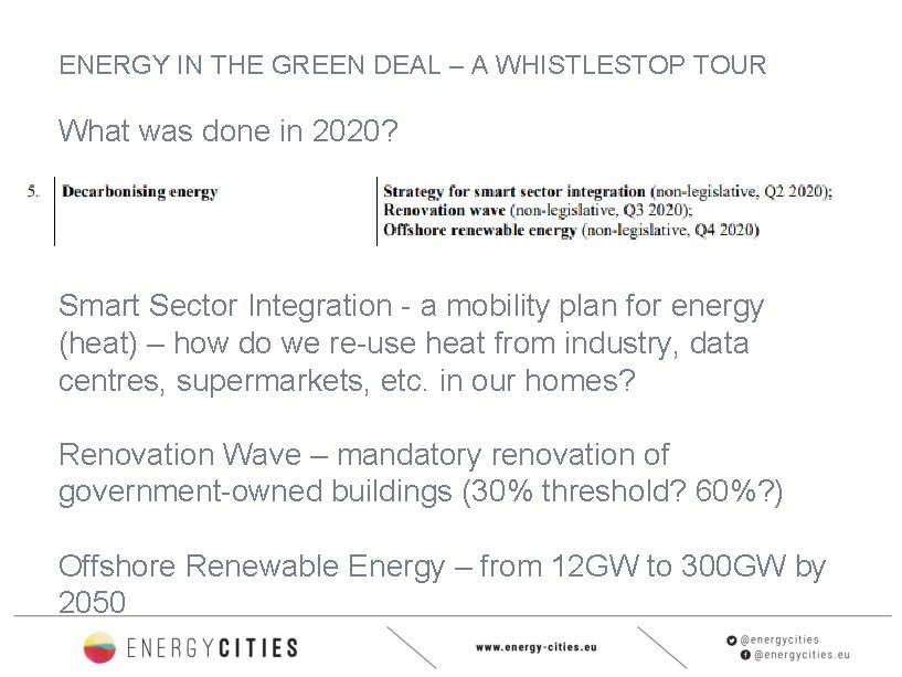 ENERGY IN THE GREEN DEAL – A WHISTLESTOP TOUR What was done in 2020?