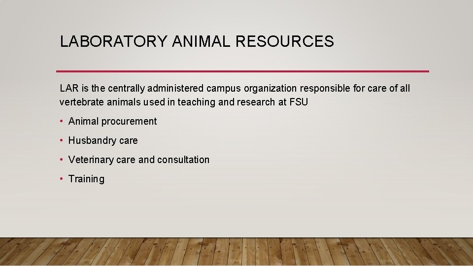 LABORATORY ANIMAL RESOURCES LAR is the centrally administered campus organization responsible for care of