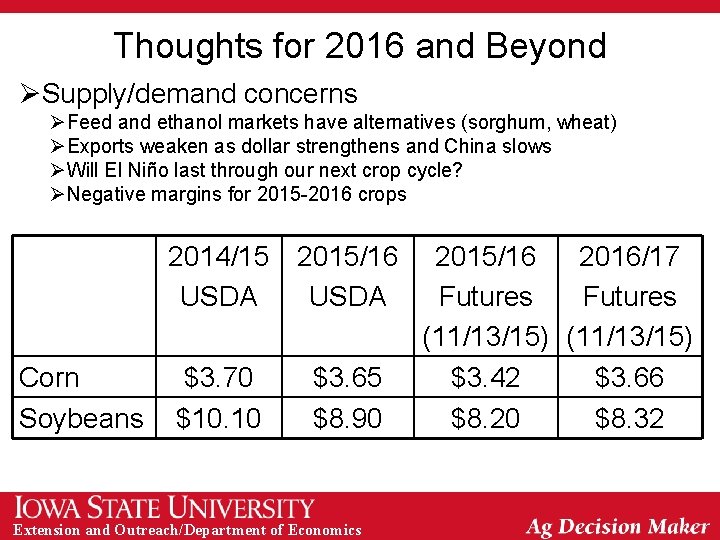 Thoughts for 2016 and Beyond ØSupply/demand concerns ØFeed and ethanol markets have alternatives (sorghum,