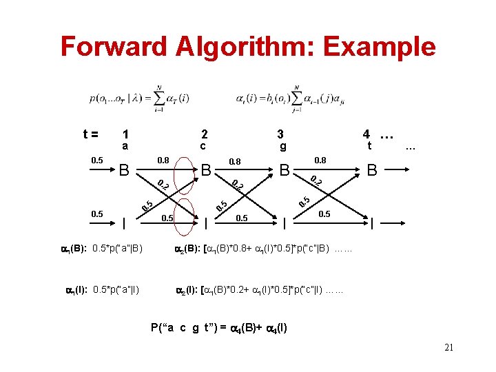 Forward Algorithm: Example t= 0. 5 1 2 a c 0. 8 B 0.