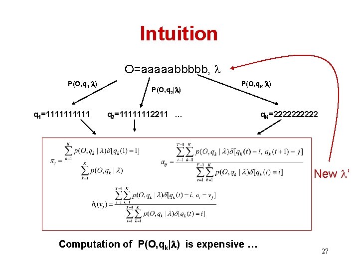 Intuition O=aaaaabbbbb, P(O, q 1| ) q 1=11111 P(O, q 2| ) P(O, q.