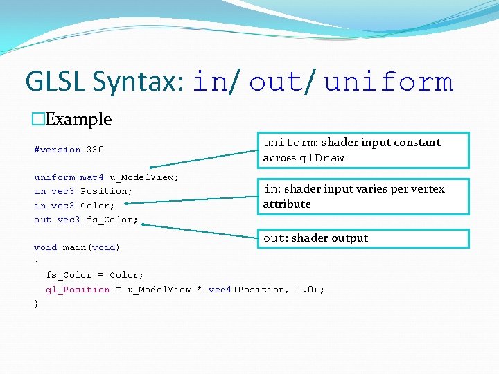 GLSL Syntax: in/ out/ uniform �Example #version 330 uniform: shader input constant across gl.