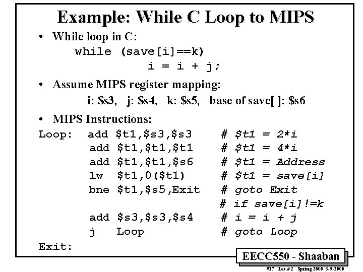 Example: While C Loop to MIPS • While loop in C: while (save[i]==k) i