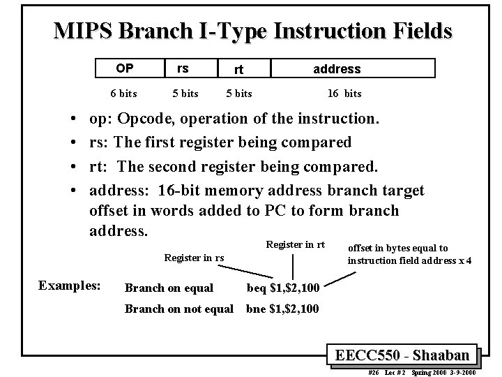 MIPS Branch I-Type Instruction Fields • • OP rs rt 6 bits 5 bits MIPS Branch I-Type Instruction Fields • • OP rs rt 6 bits 5 bits