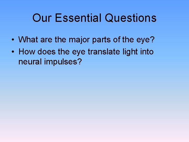 Our Essential Questions • What are the major parts of the eye? • How