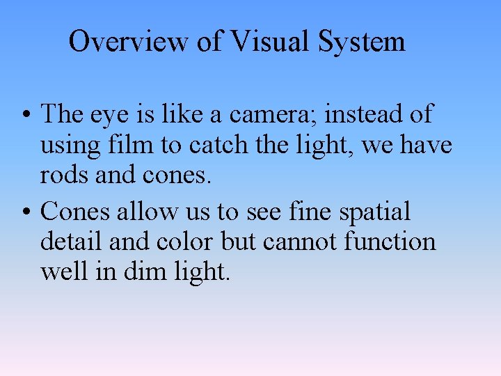 Overview of Visual System • The eye is like a camera; instead of using