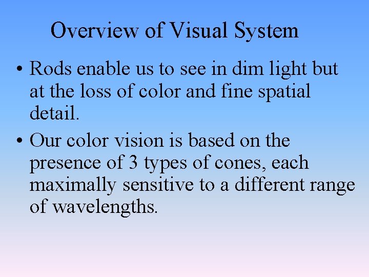 Overview of Visual System • Rods enable us to see in dim light but