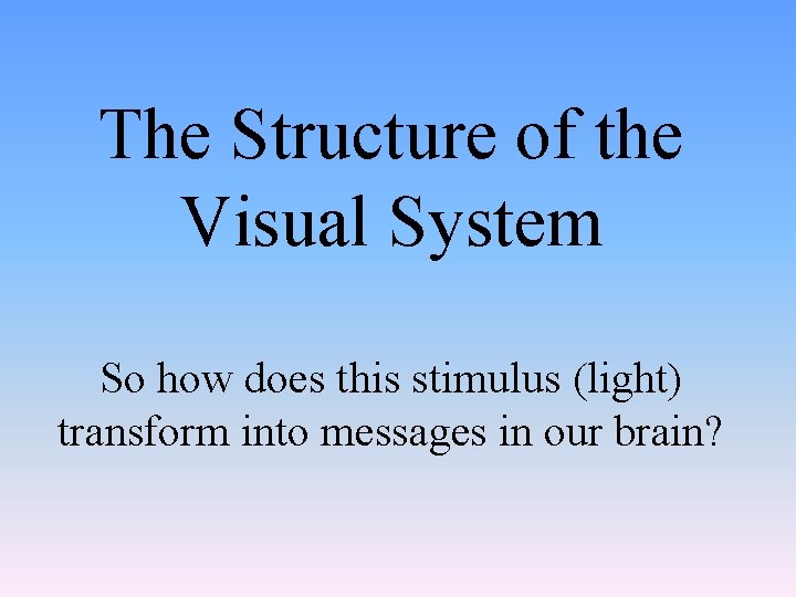 The Structure of the Visual System So how does this stimulus (light) transform into