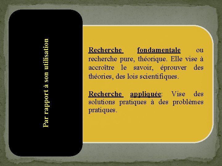 Par rapport à son utilisation Recherche fondamentale ou recherche pure, théorique. Elle vise à