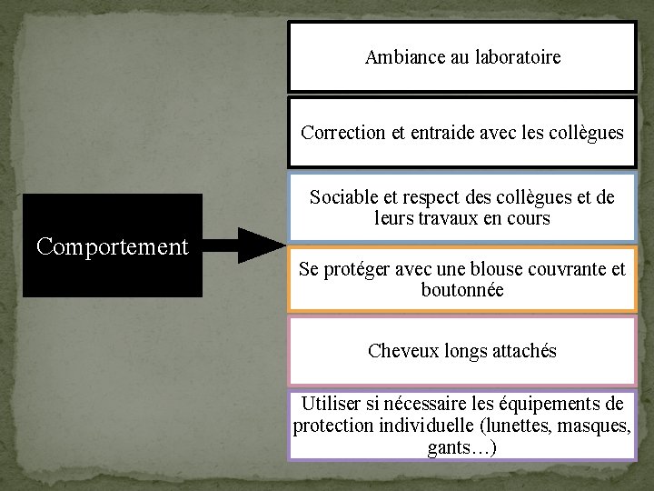 Ambiance au laboratoire Correction et entraide avec les collègues Sociable et respect des collègues