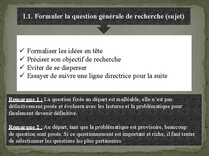 I. 1. Formuler la question générale de recherche (sujet) ü ü Formaliser les idées