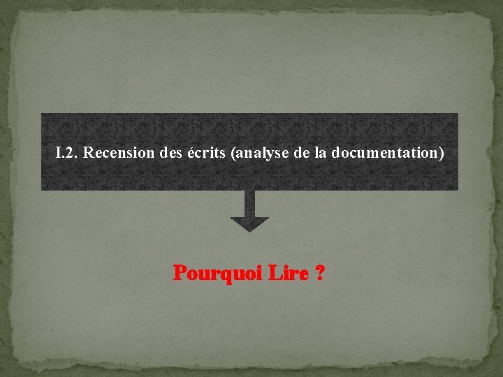 I. 2. Recension des écrits (analyse de la documentation) Pourquoi Lire ? 