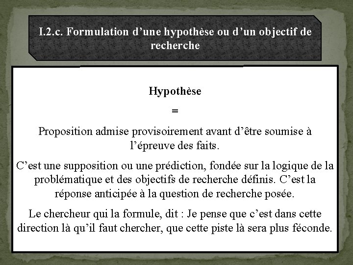 I. 2. c. Formulation d’une hypothèse ou d’un objectif de recherche Hypothèse = Proposition