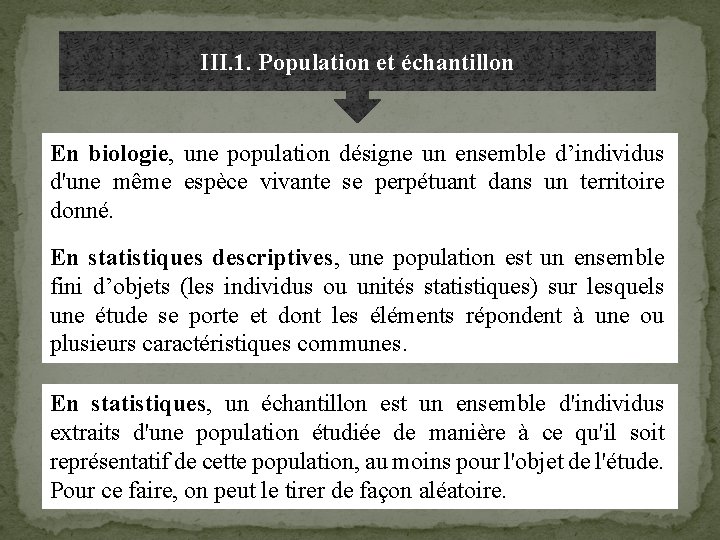 III. 1. Population et échantillon En biologie, une population désigne un ensemble d’individus d'une